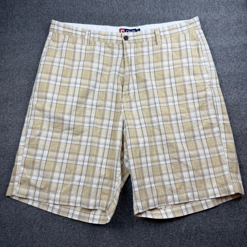 Chaps Plaid Shorts‎ Men's 40 Tan White Cotton Flat Front Casual Preppy C25070